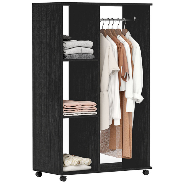 Black rolling open wardrobe with hanging rail