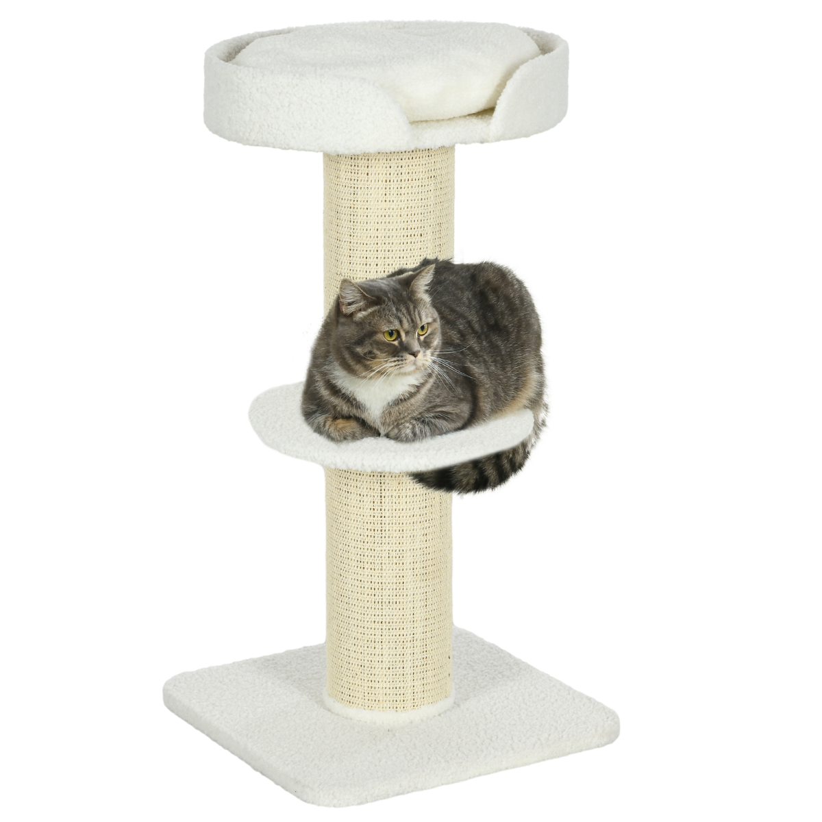 PawHut 2 Tier Cat Tree with Top Basket Cushion and Sisal Scratching Post – Cat Resting Tower, Cream White