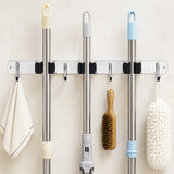 15 Inch Wall Mount Broom and Mop Holder, 3 Racks and 4 Hooks – Stainless Steel Garage Organiser