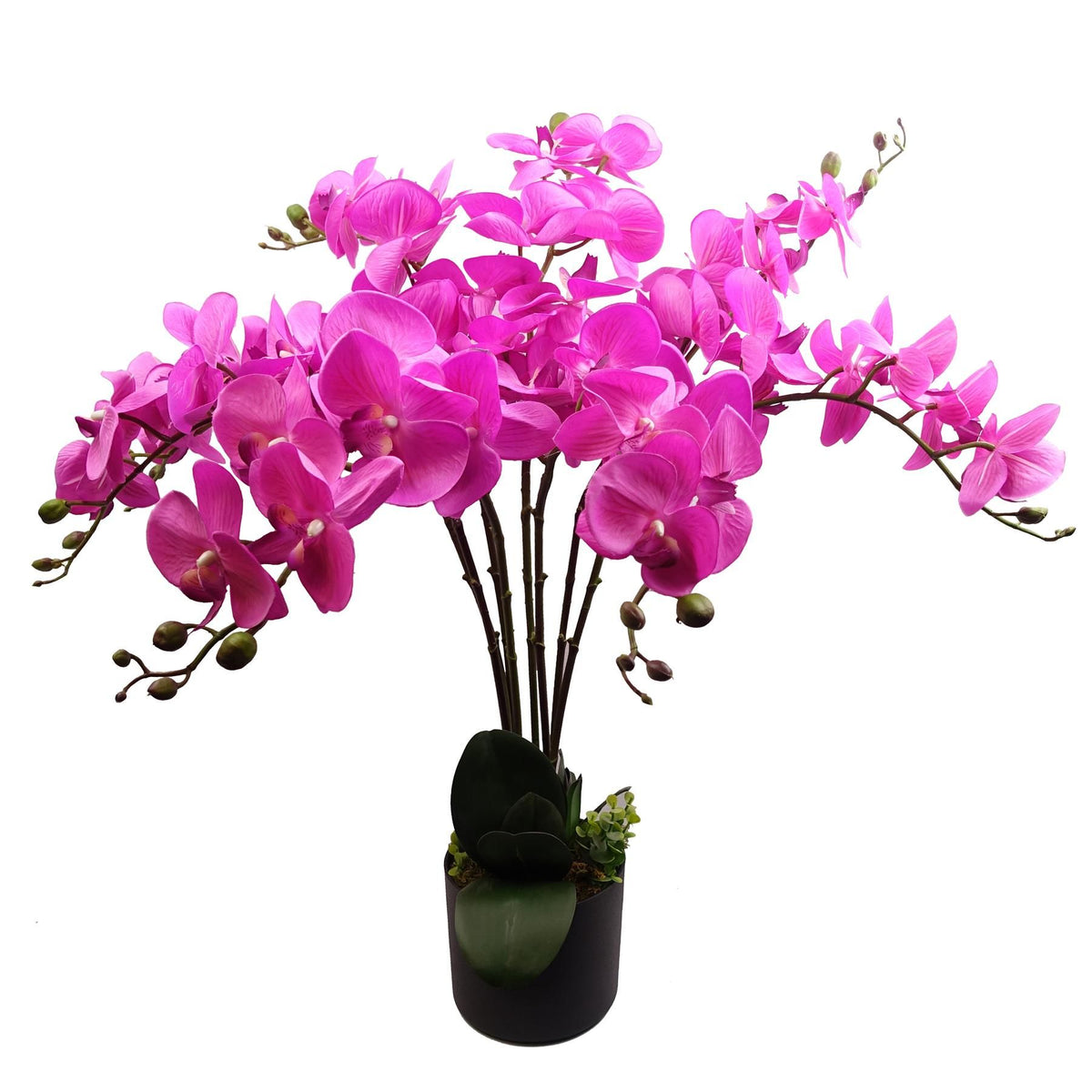 Leaf 85cm Artificial Deluxe Bush Orchid with 56 Flowers – Large Table Decoration, Dark Pink, Black Pot
