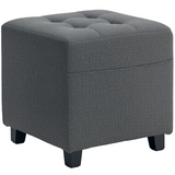 HOMCOM Small Square Footstool Ottoman with Padded Button-Tufted Seat and Side Pocket – Living Room, Grey