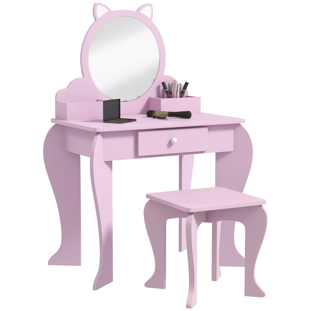 ZONEKIZ Kids Dressing Table with Mirror, Stool, Drawer & Side Storage Boxes – Cat Design Vanity Set, Pink