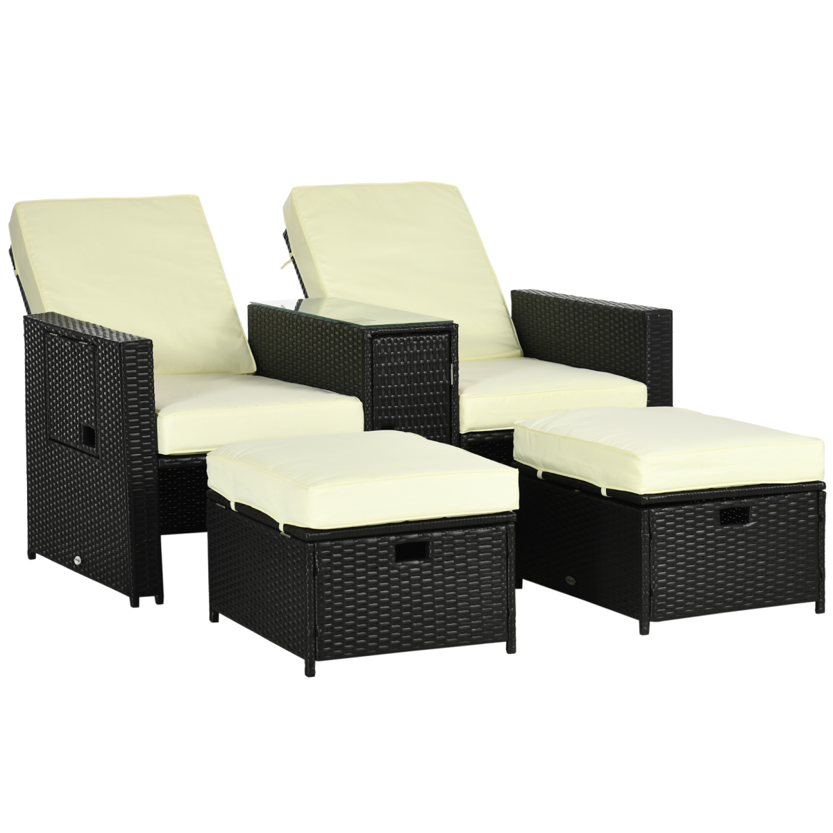 Outsunny 5-Level Adjustable Rattan Sun Lounger Set with Storage Footstools & Glass Side Table – Black