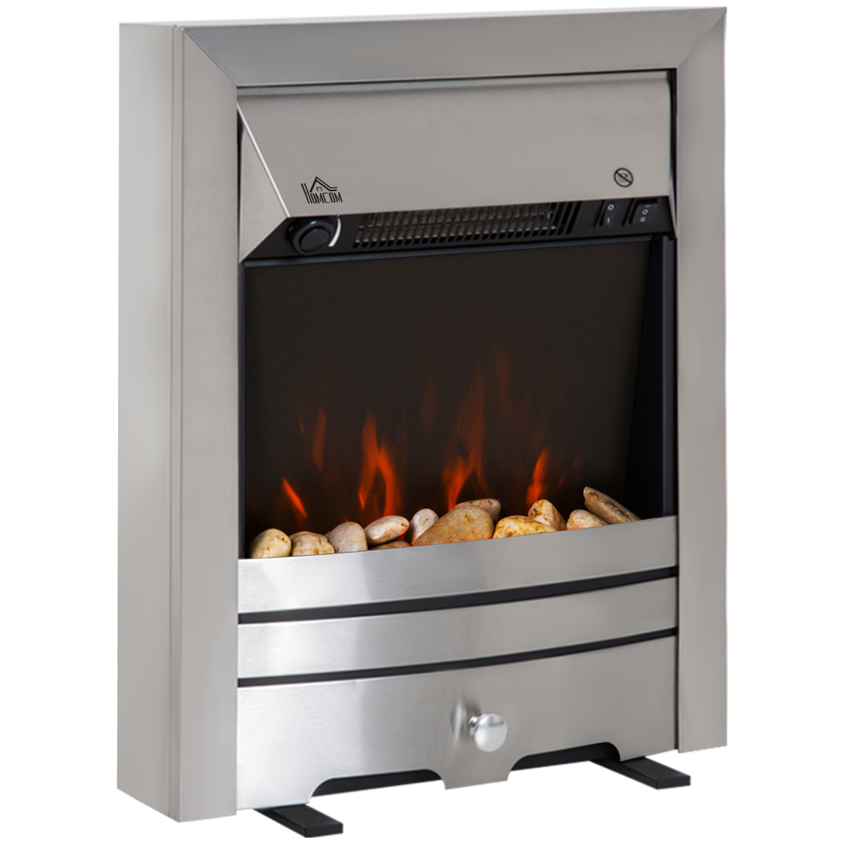 HOMCOM 2KW LED Flame Electric Fireplace with Pebble Burning Effect – Freestanding, Stainless Steel