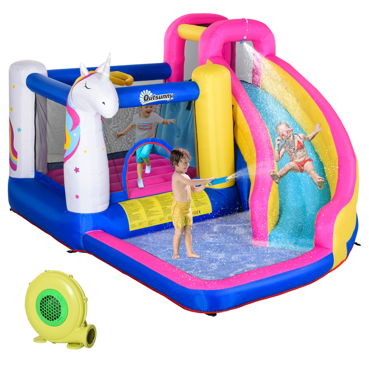 Outsunny 5 in 1 Bouncy Castle with Slide, Pool, Trampoline, Climbing Wall & Blower – Kids Ages 3-8
