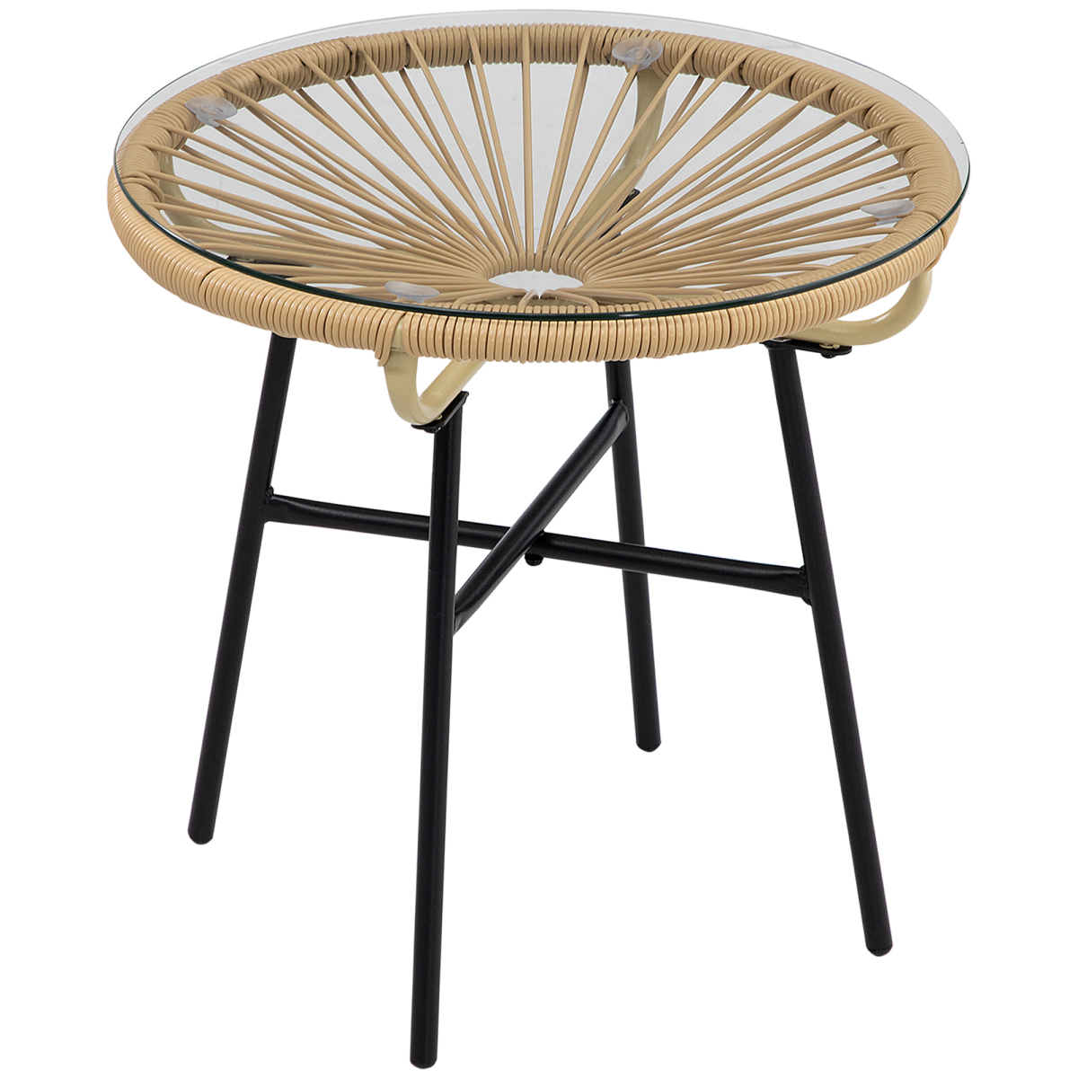 Outsunny Round PE Rattan Side Table with 5mm Tempered Glass Top & Powder-Coated Metal Frame