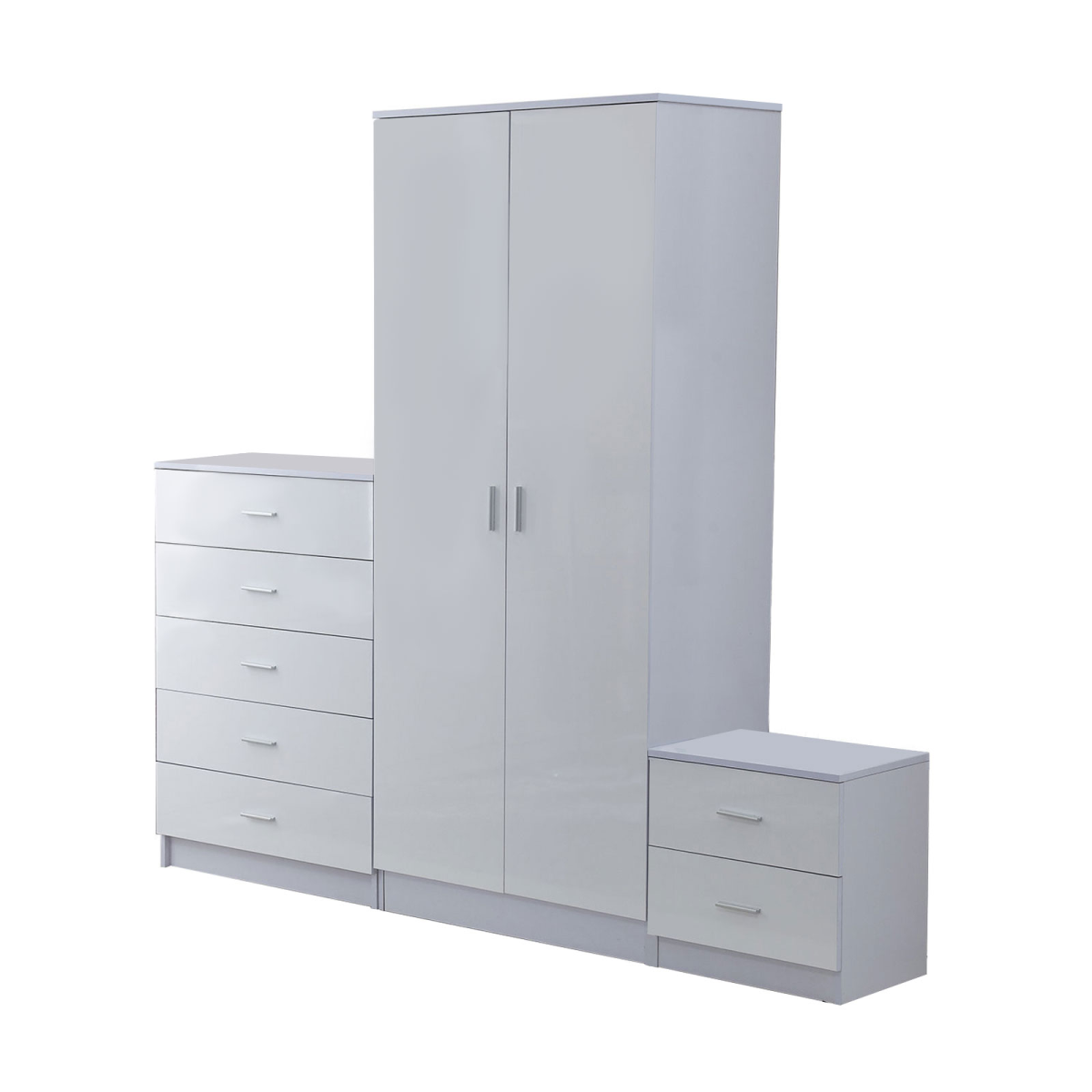 HOMCOM 3 Piece High Gloss Bedroom Furniture Set with Wardrobe, 5 Drawer Chest & Bedside Table – Tall, White