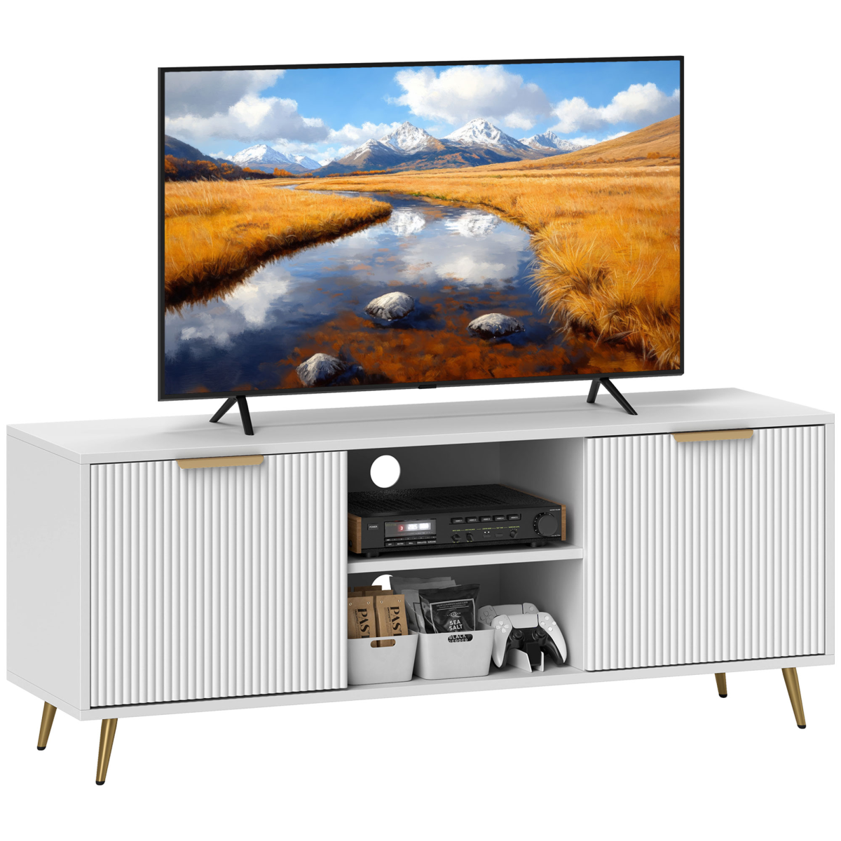 HOMCOM Modern TV Stand Cabinet with Cupboards, Open Shelves & Cable Holes – Storage for TVs up to 55 Inch, White