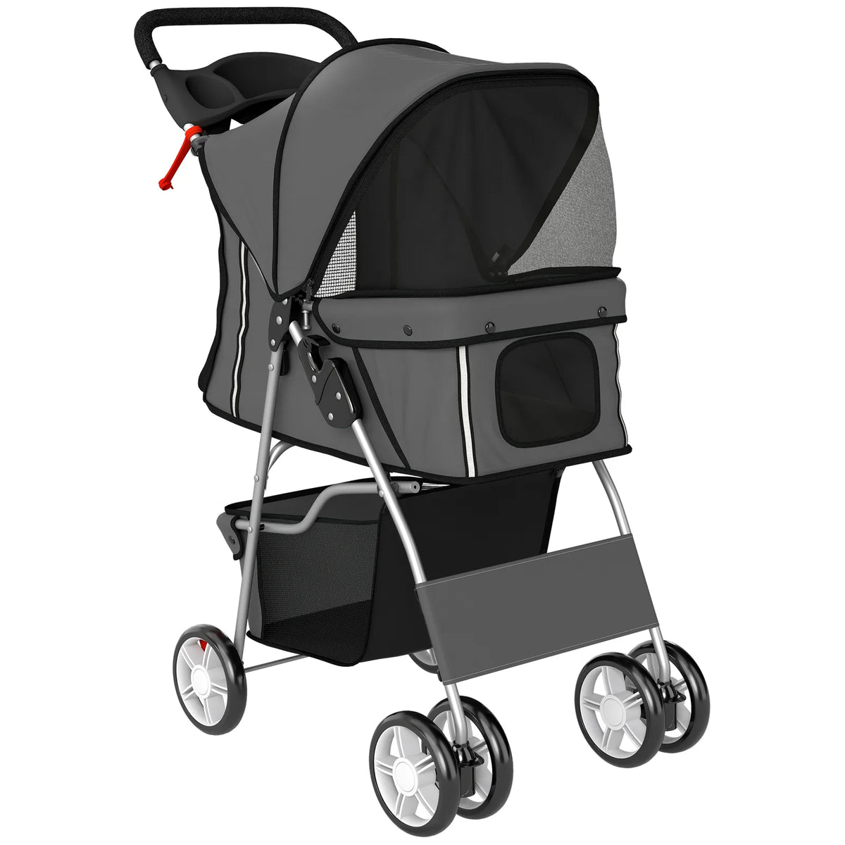 PawHut Foldable Dog Pram with Reflective Strips and 360° Swivel Wheels – Pet Stroller, Dark Grey