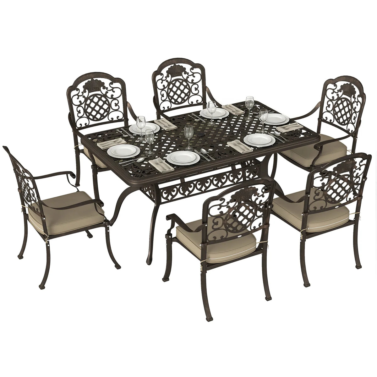 Outsunny 7-Piece Cast Aluminium Garden Dining Set for 6 with Cushions & Parasol Hole – Bronze Tone