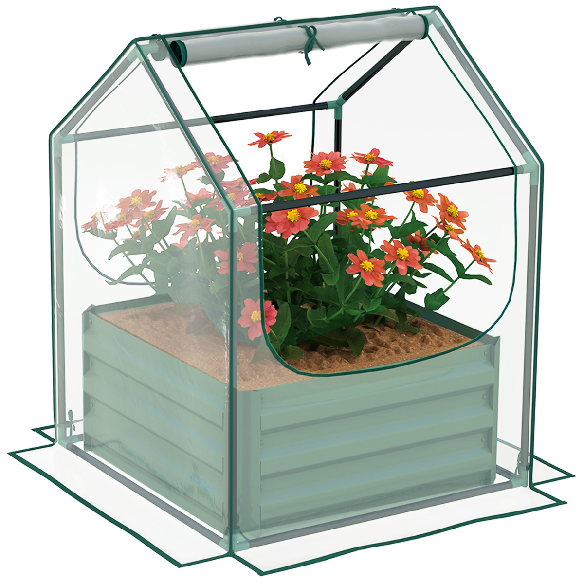 Outsunny Raised Garden Bed Planter with Clear Greenhouse Cover & 2 Roll-Up Windows – Clear & Green
