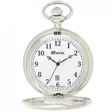 Ravel R1001.10 Chrome Full-Hunter Pocket Watch with Date Window and Chain – Quartz, Engravable