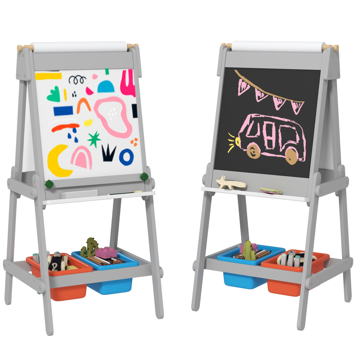 AIYAPLAY 3-in-1 Double-Sided Kids Art Easel with Paper Roll, Storage Boxes & Pen Holder – Grey