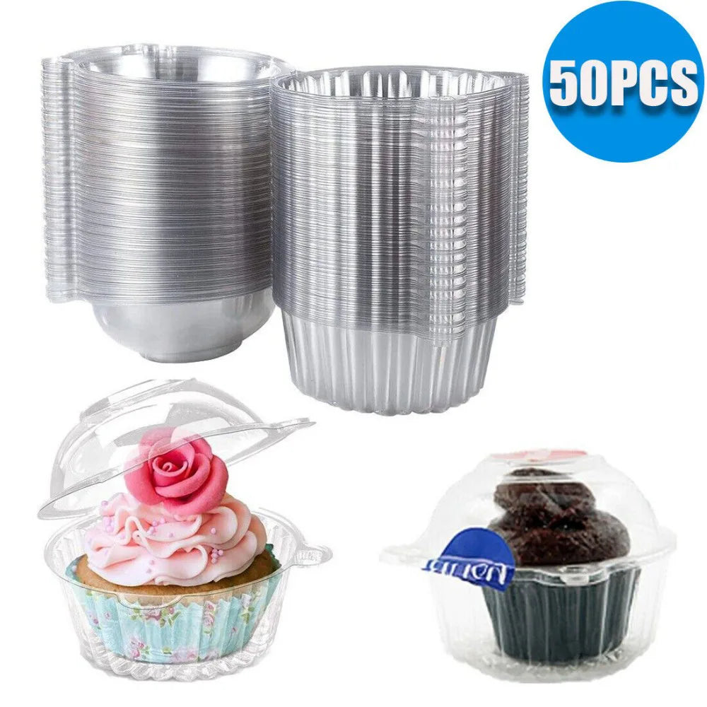 50 Clear Plastic Cupcake Boxes with Dome Lids – Single Cake Holders for Muffins, Parties & Catering