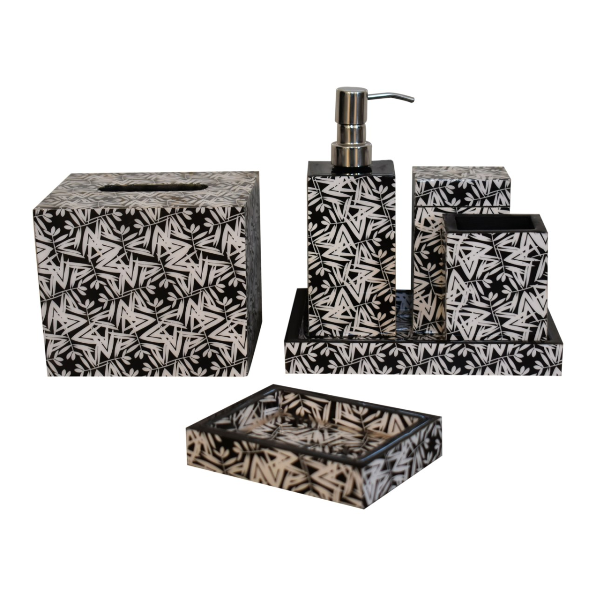 Artisan Furniture Aztec Print Bathroom Accessories Set of 6 – Soap Dispenser, Tray and Storage, White & Black