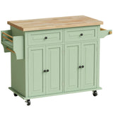 HOMCOM Rolling Kitchen Island with Rubberwood Top, Drawers & Cabinets – Dining Room Storage Trolley, Light Green
