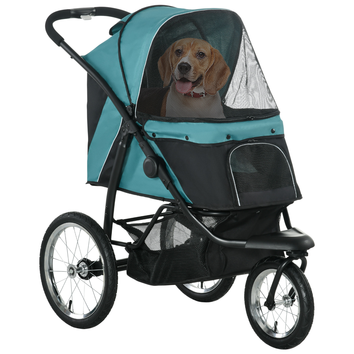 PawHut 3 Wheel Pet Stroller for Small & Medium Dogs with Canopy & Storage – Foldable Cat Pram, Green