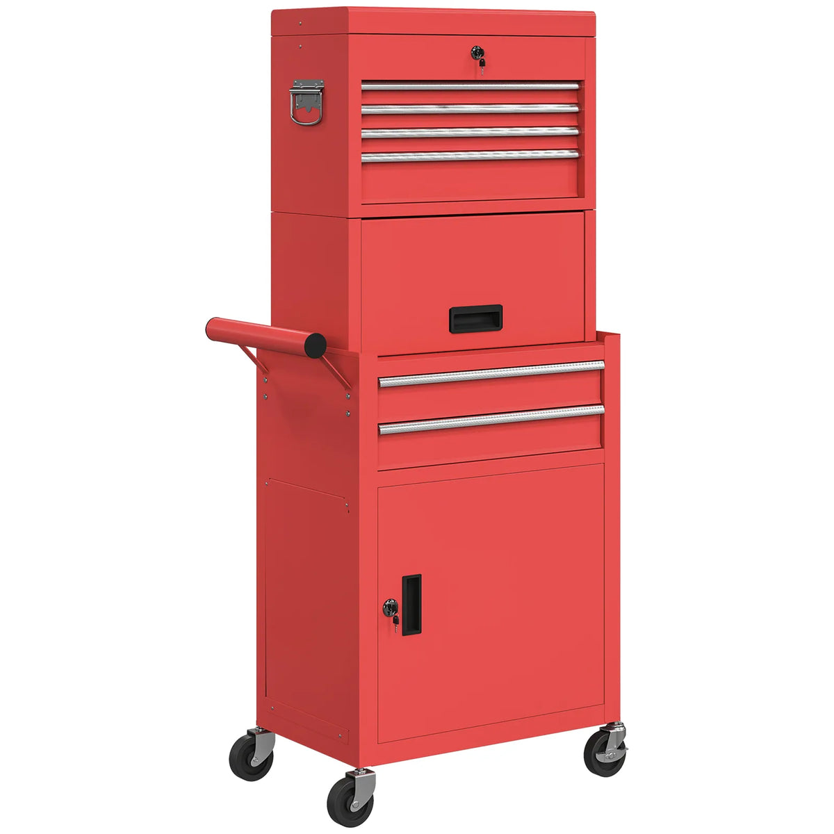 HOMCOM Three-Part Steel Locking Tool Chest with Wheels, 6 Drawers and Side Pegboard – Garage Storage, Red