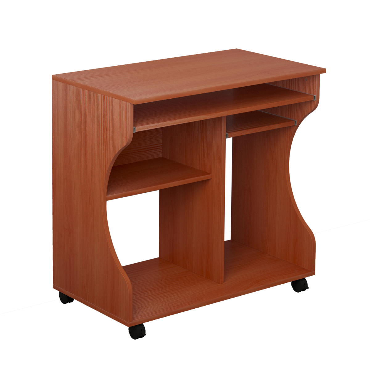 HOMCOM Computer Desk with Wheels, Pull-Out Keyboard Tray and Shelves – Mobile Laptop Writing Table, Cherry Wood