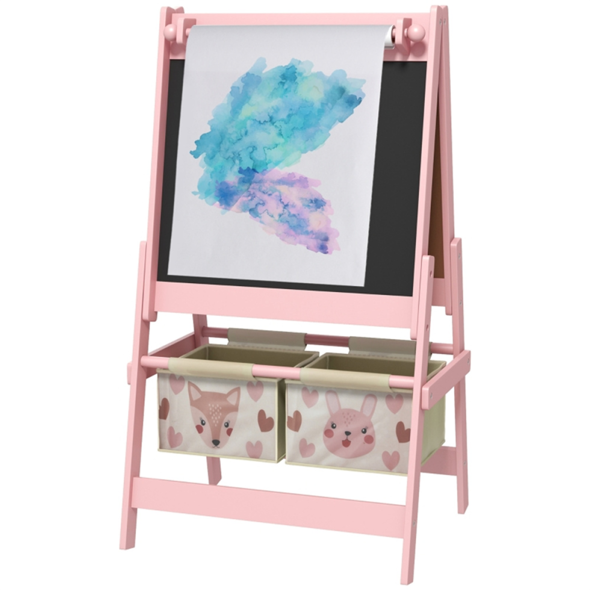 3-in-1 Kids Art Easel with Blackboard, Whiteboard & Paper Roll, 2 Storage Baskets – Animal Design, Pink
