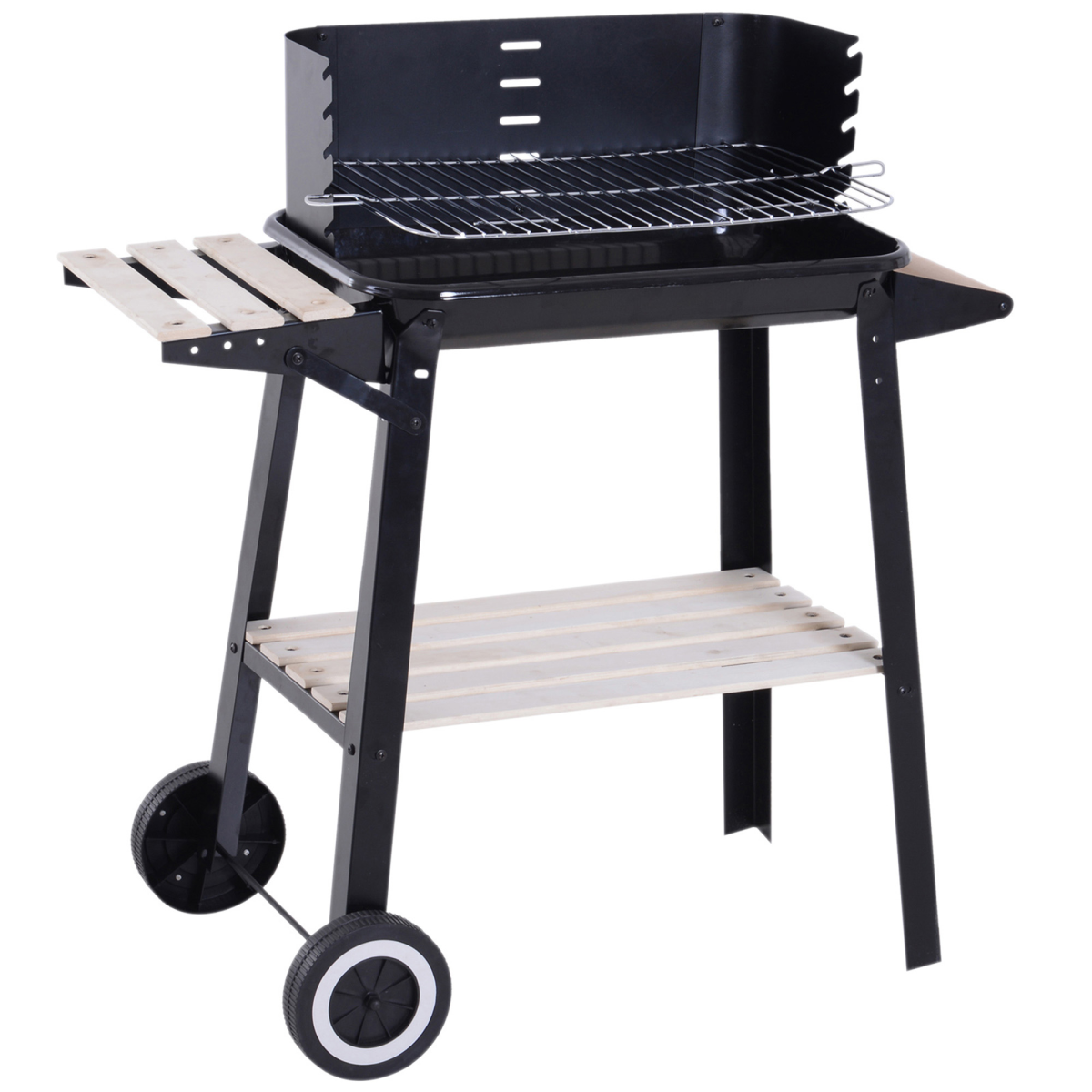 Outsunny Charcoal BBQ Grill with Side Shelf, Wind Shield & Wheels – Enamel Coated, 87 x 45 x 83cm, Black