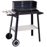 Outsunny Charcoal BBQ Grill with Side Shelf, Wind Shield & Wheels – Enamel Coated, 87 x 45 x 83cm, Black