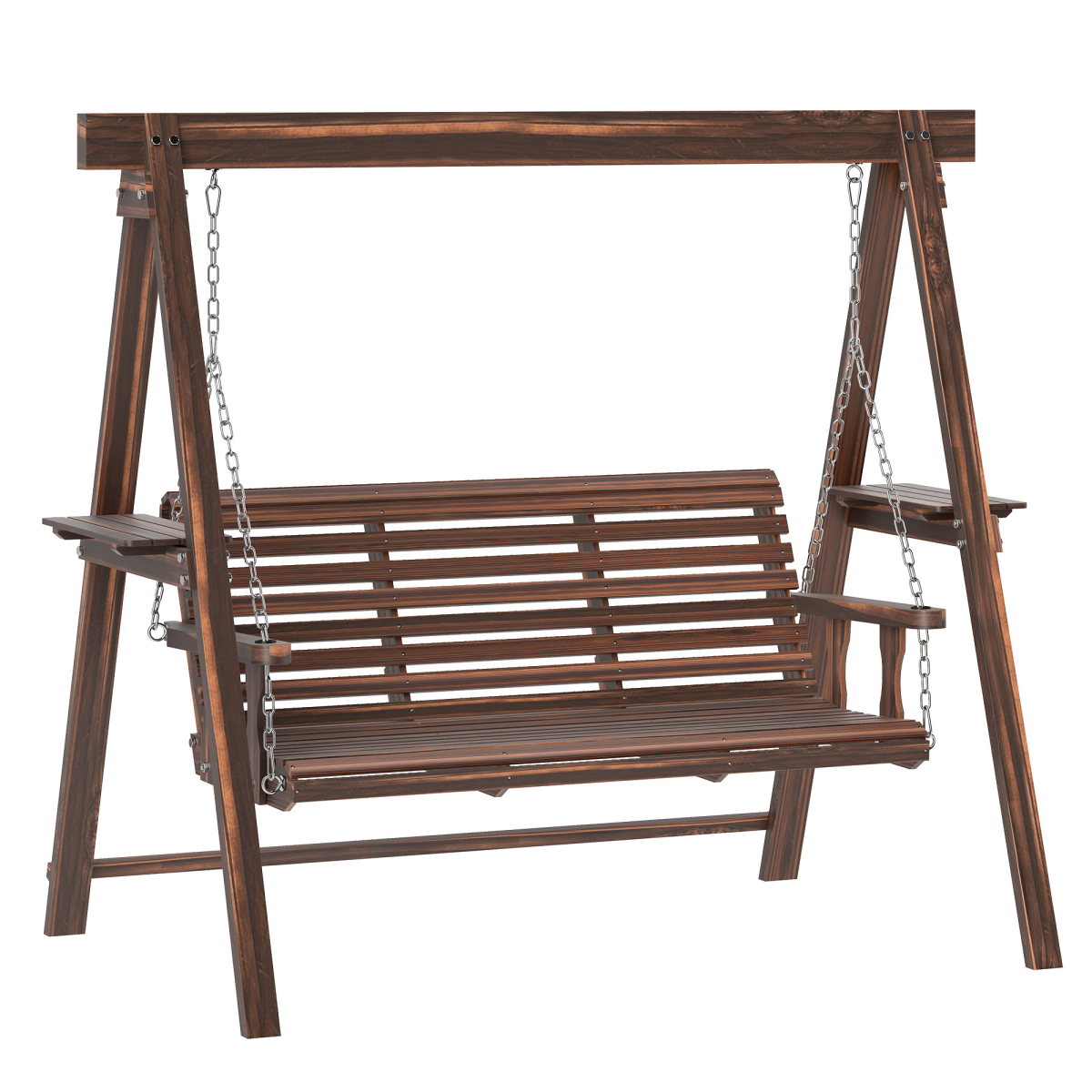 Outsunny 3-Seater Wooden Garden Swing Chair with Side Tables, Adjustable Chains and Cushion – Fir Wood