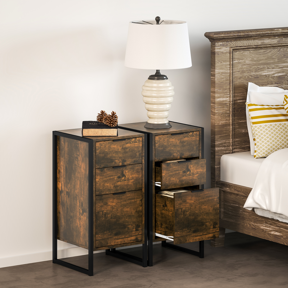 Rustic brown industrial bedside table