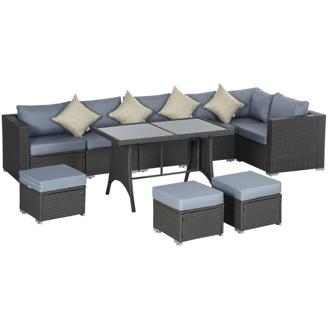 Outsunny 10-piece rattan corner sofa set, grey and dusty blue