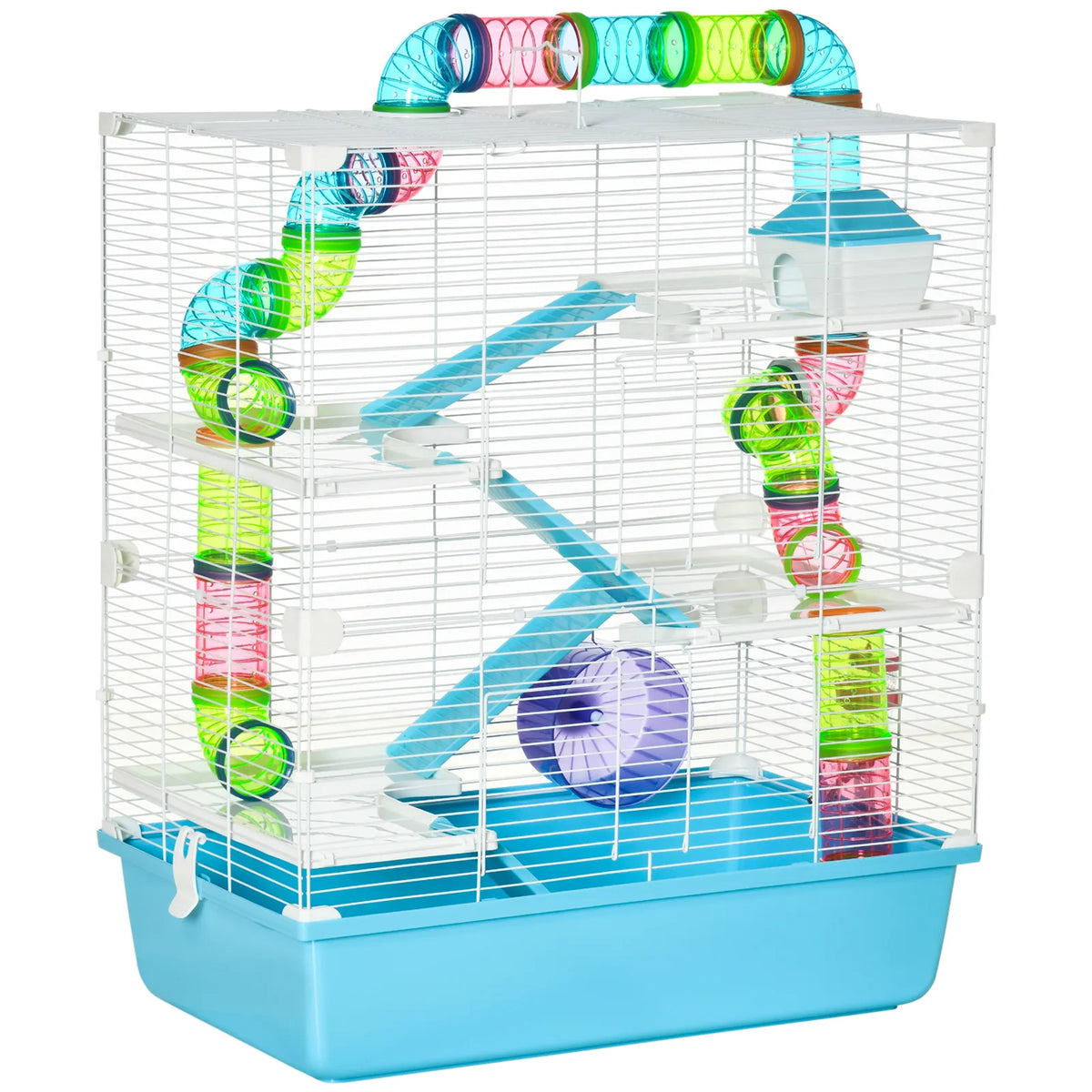 PawHut Hamster Cage with Water Bottle, Exercise Wheel, Play Tubes & Ramps – Small Animal Habitat, Light Blue