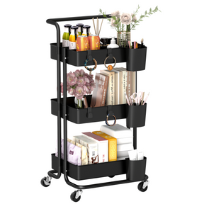 Black 3-tier utility cart with mesh baskets