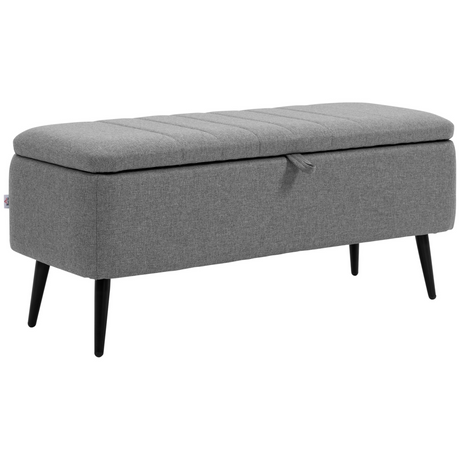 Grey linen storage ottoman bench with steel legs