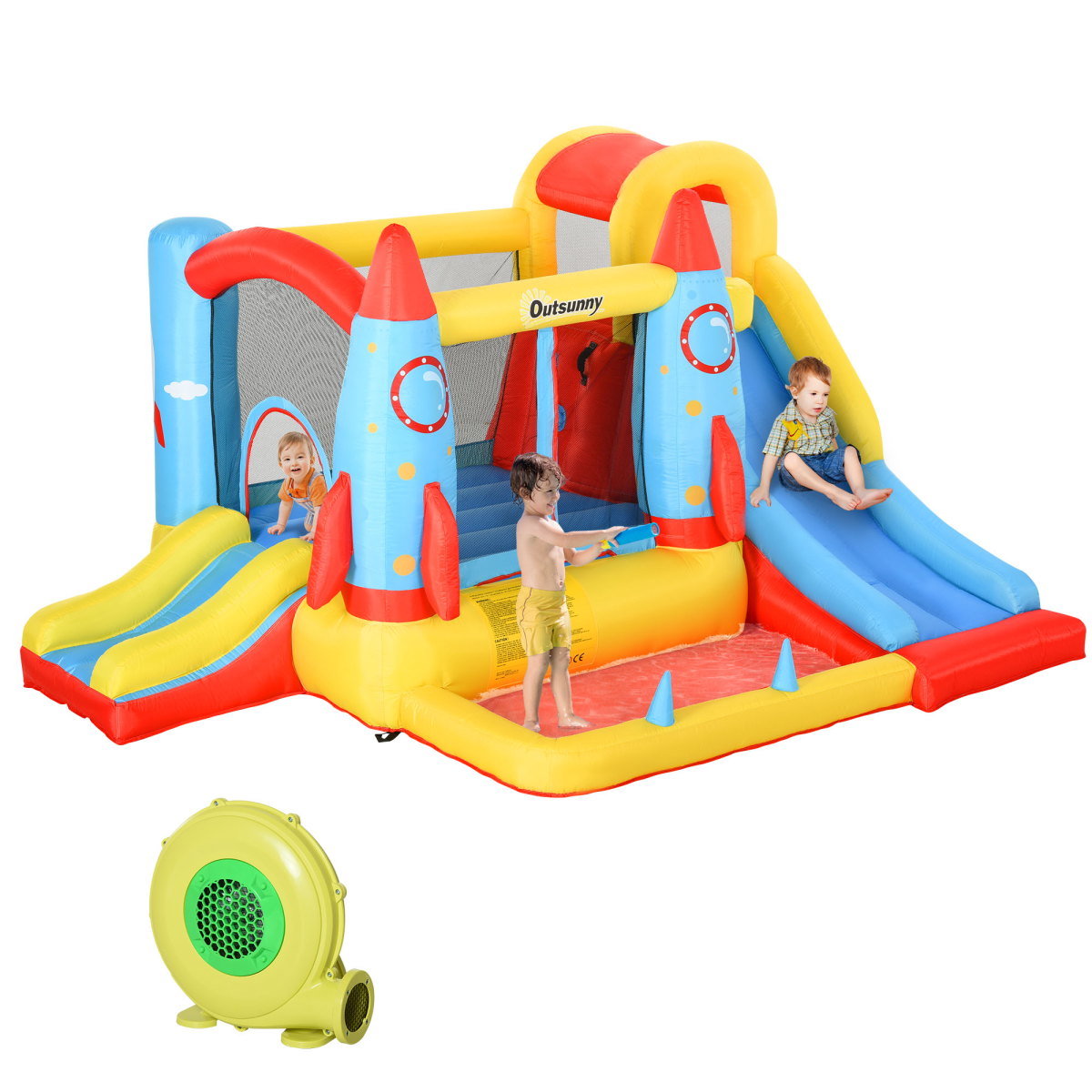 Rocket-Themed Bouncy Castle with Two Slides, Splash Pool, Trampoline & Climbing Wall – Garden Inflatable