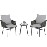 Outsunny 3-Piece Rattan Bistro Set with 2 Cushioned Chairs & Round Metal-Top Table – Balcony Furniture, Grey