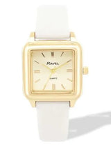 Ravel Ladies Summertime Square Gold-Tone Watch with White Faux Leather Strap, 28mm
