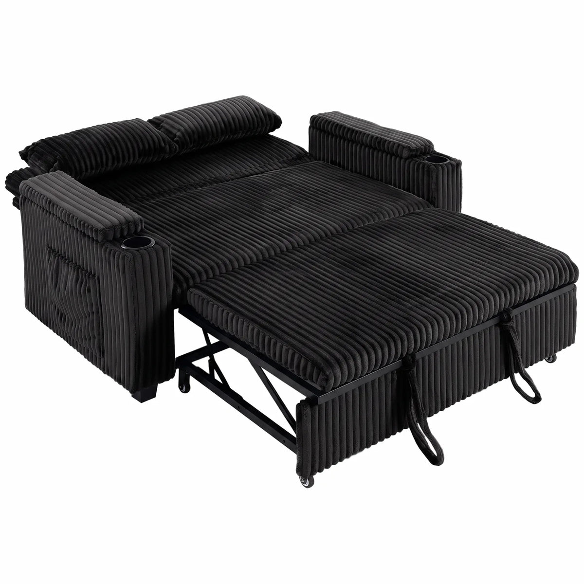HOMCOM 2 Seater Sofa Bed with 5-Position Backrest, Storage Armrest and Cup Holders – Corduroy Sleeper, Black