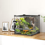 Glass Reptile Terrarium with Rock Background, Lockable Door & Ventilated Lid – 24L Waterproof Base for Wet Setups, Black