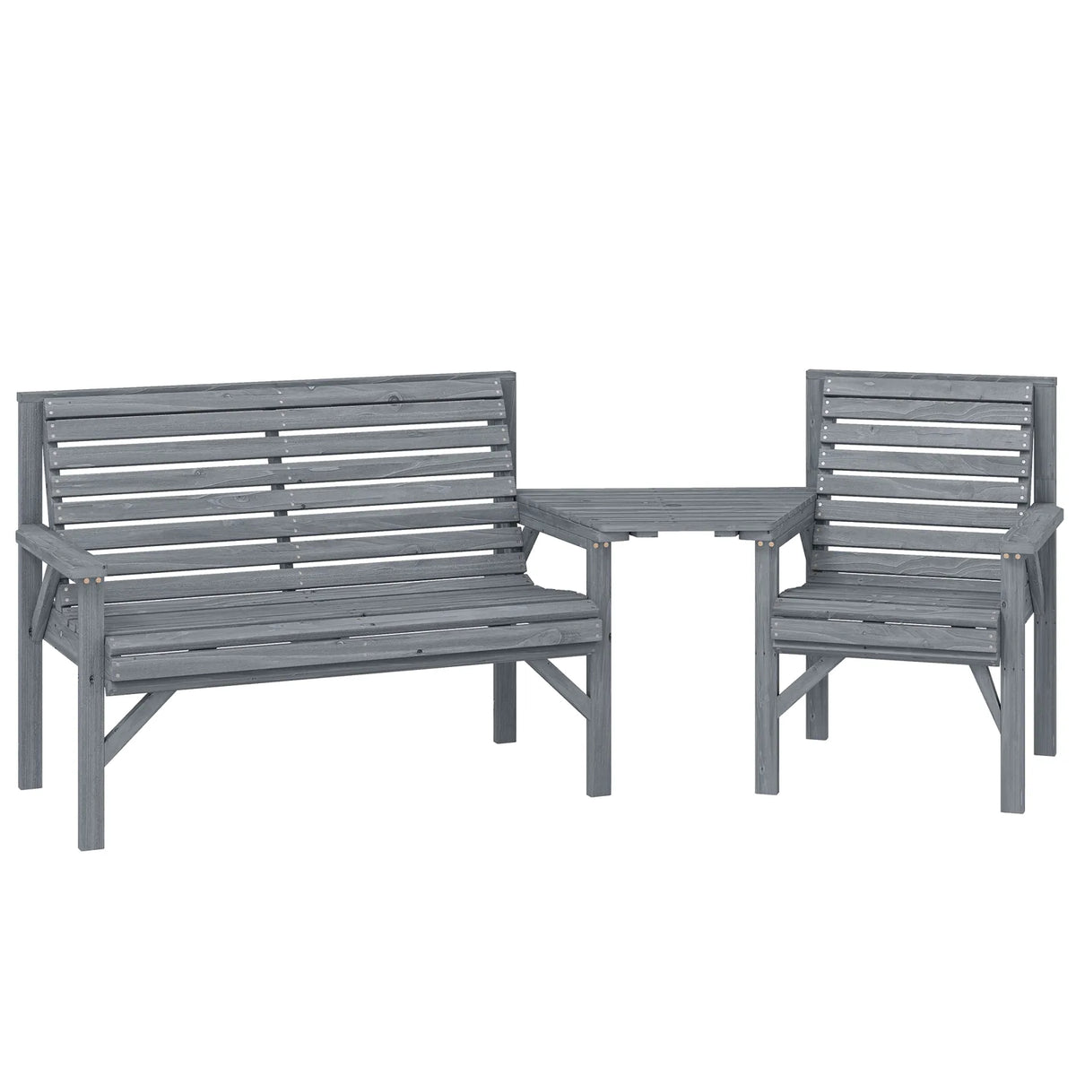 Outsunny 3 Piece Wooden Garden Bench Set – Armchair, Two-Seater Bench and Detachable Table with Parasol Hole, Grey