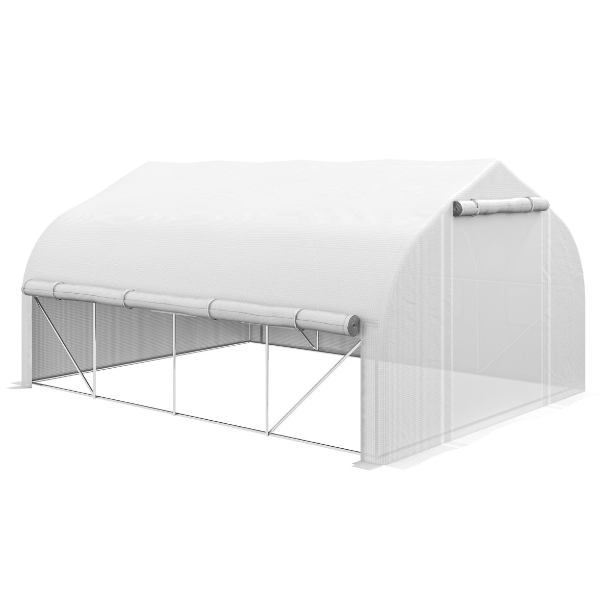 Outsunny 4 x 3m Polytunnel Greenhouse with Roll-Up Sidewalls, Mesh Door & Plant Labels, Galvanised Steel, White