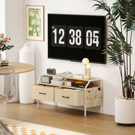 Industrial TV stand with fabric drawers