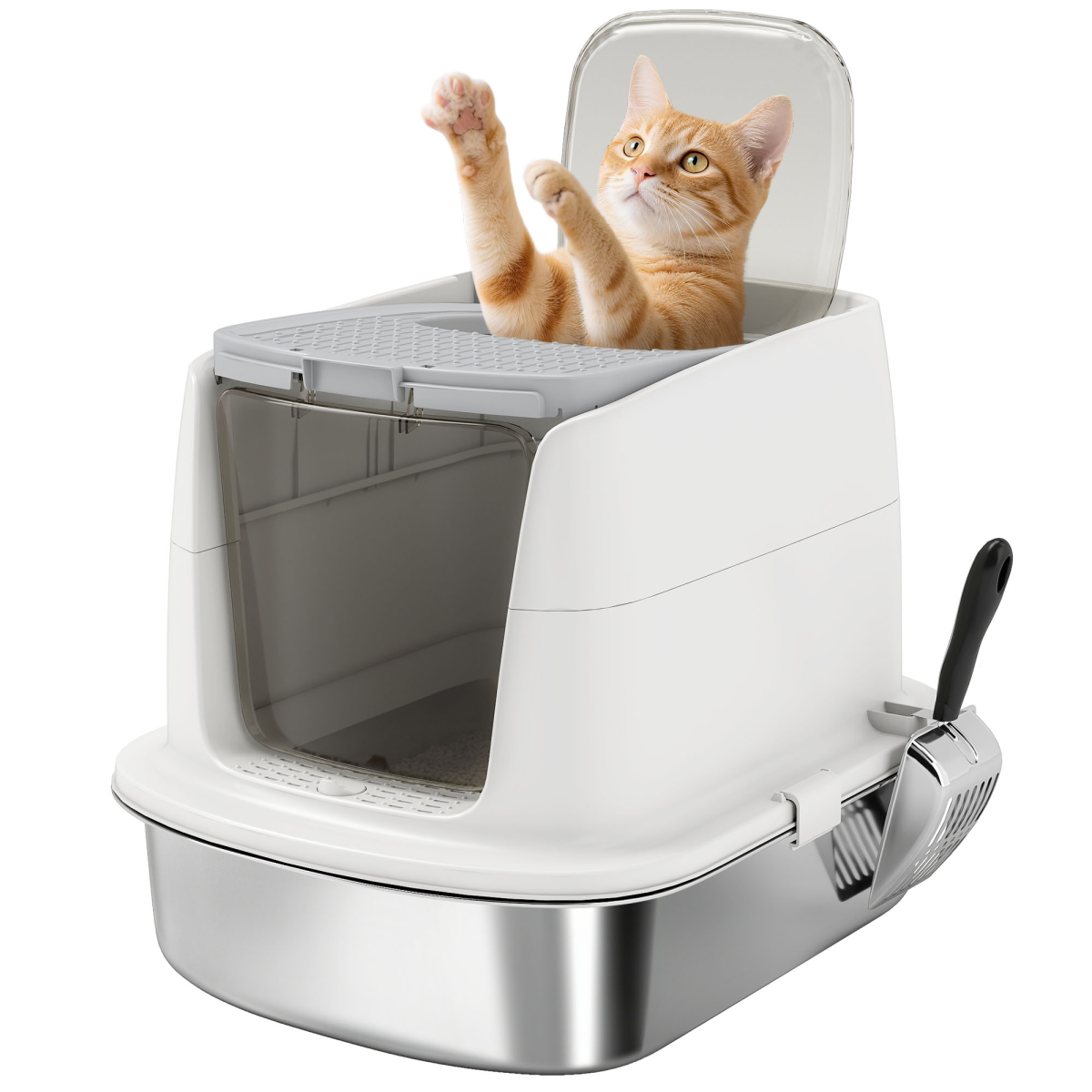 PawHut Enclosed Stainless Steel Cat Litter Box with Scoop, Front Entry & Top Exit – Scratch-Proof Litter Tray for Cats up to 5kg, White