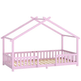 AIYAPLAY Wooden House Kids Single Bed with Dual Guardrails – Solid Pine, Pink, Fits 90 x 200 cm Mattress