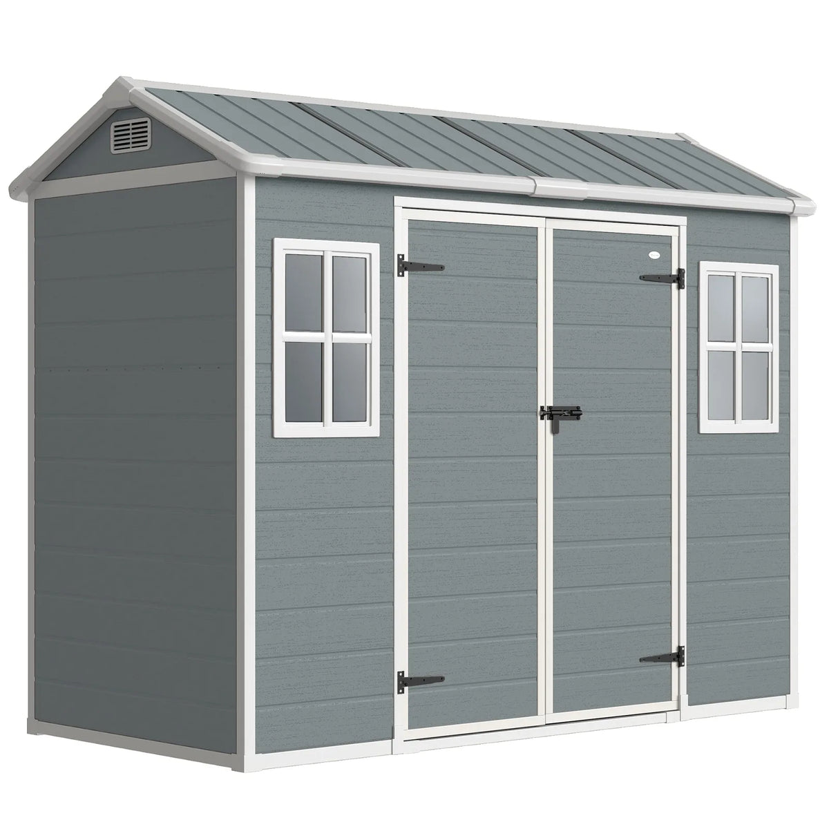 Outsunny 8 x 4 ft Plastic Garden Shed with Floor, Windows, Vents and Lockable Doors – Outdoor Storage, Light Grey