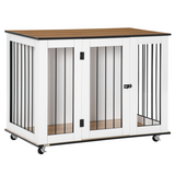 PawHut Dog Crate Furniture End Table with Lockable Door and Roller Castors – For Large Dogs, White