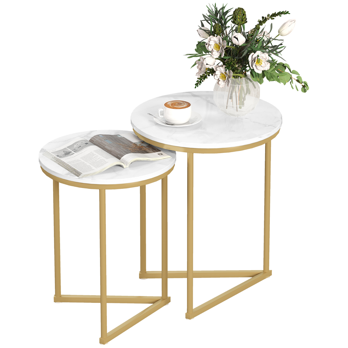 HOMCOM Nesting Coffee Table Set of 2 with Marble-Effect Tops and Gold-Tone Metal Frame – Living Room Side Tables