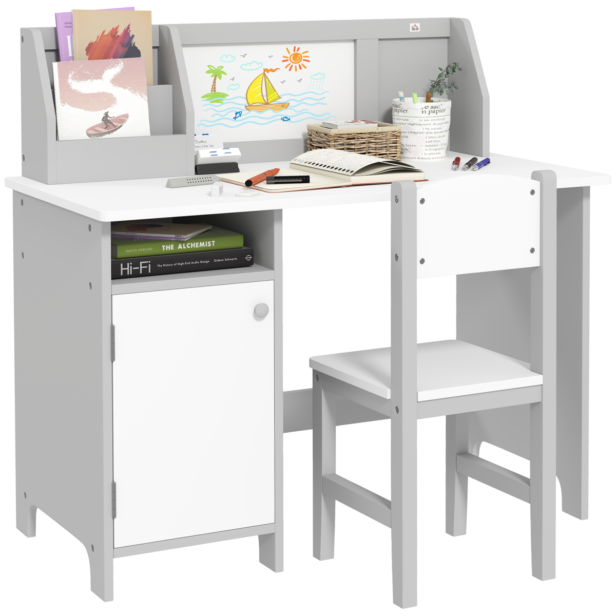 HOMCOM Kids Table and Chair Set with Whiteboard and Storage – 2-Piece MDF and Pinewood Study Desk, Grey