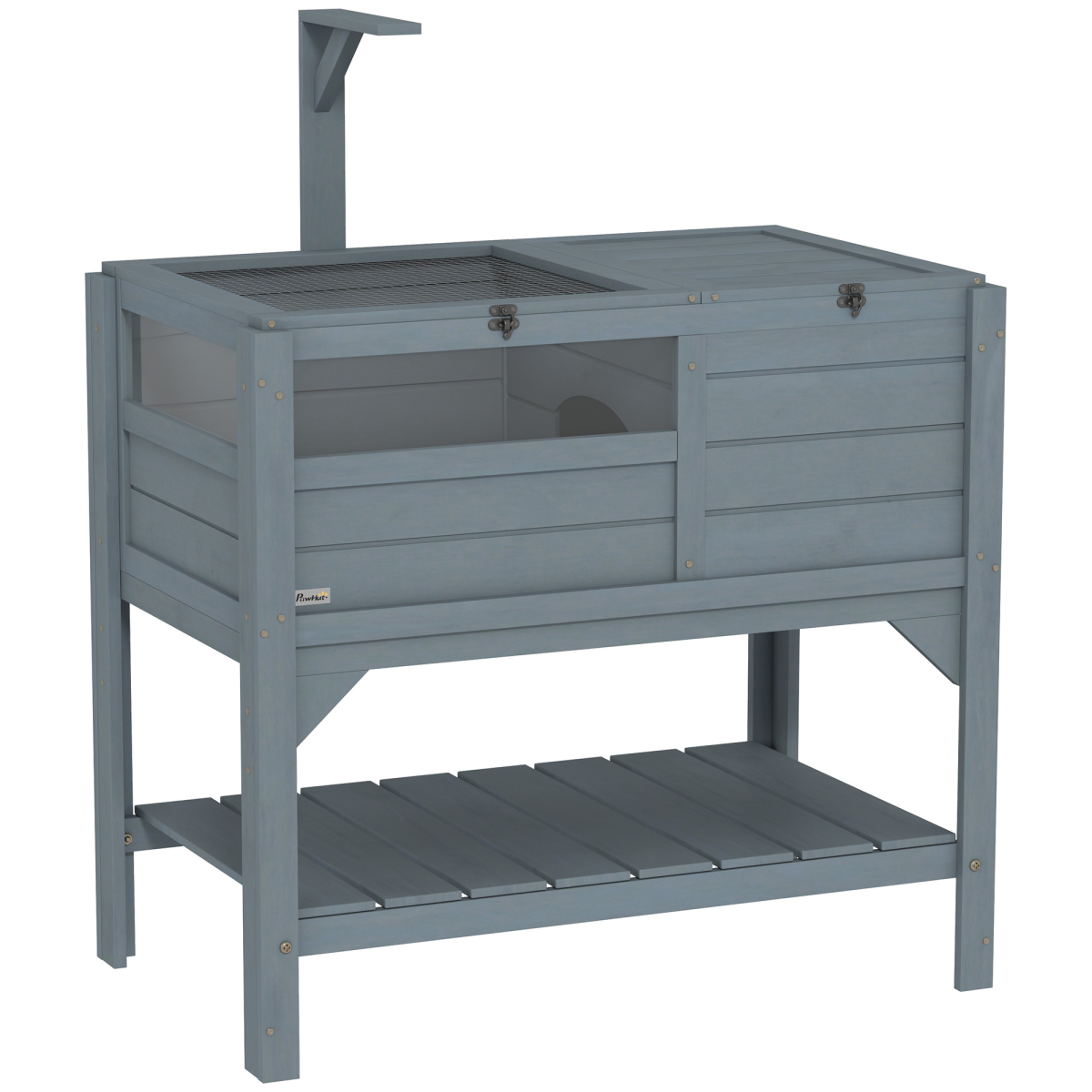 PawHut Wooden Tortoise House with Run, Shelter, Bottom Shelf & Lamp Holder – Habitat, Grey