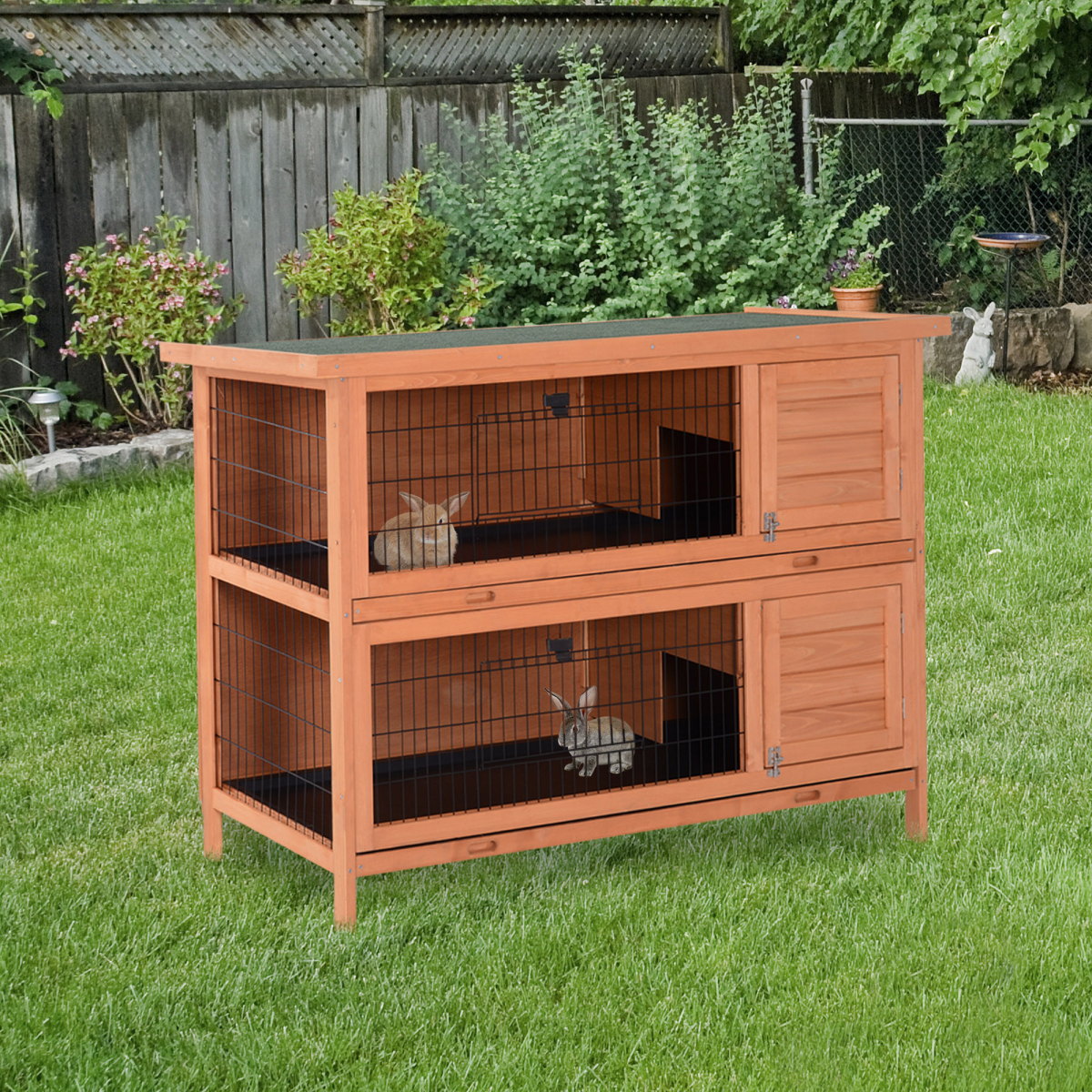 2-in-1 Wooden Rabbit Hutch with Asphalt Roof, 4 Doors & Removable Trays – Small Animal Cage, Orange
