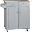 Grey rolling kitchen cart with rubberwood top