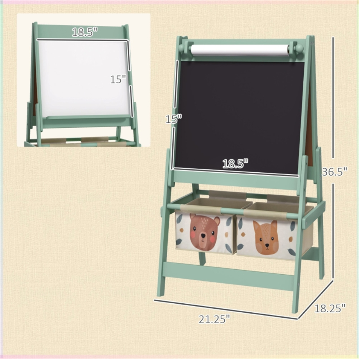 3-in-1 Kids Art Easel with Blackboard, Whiteboard, Paper Roll & Storage Baskets – Ages 3–8, Green